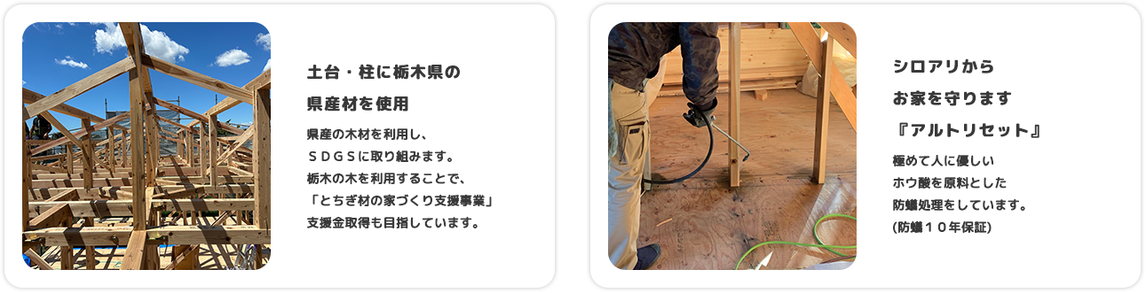 土台・柱に栃木県の 県産材を使用 県産の木材を利用し、SDGSに取り組みます。栃木の木を利用することで、「とちぎ材の家づくり支援事業」支援金取得も目指しています。 シロアリからお家を守ります『アルトリセット』 極めて人に優しいホウ酸を原料とした防蟻処理をしています(防蟻10年保証)